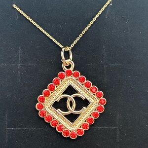 CC Chanel Gold & Red Rhinestone Charm, Zipper Pull, Upcycled Necklace 16 in.